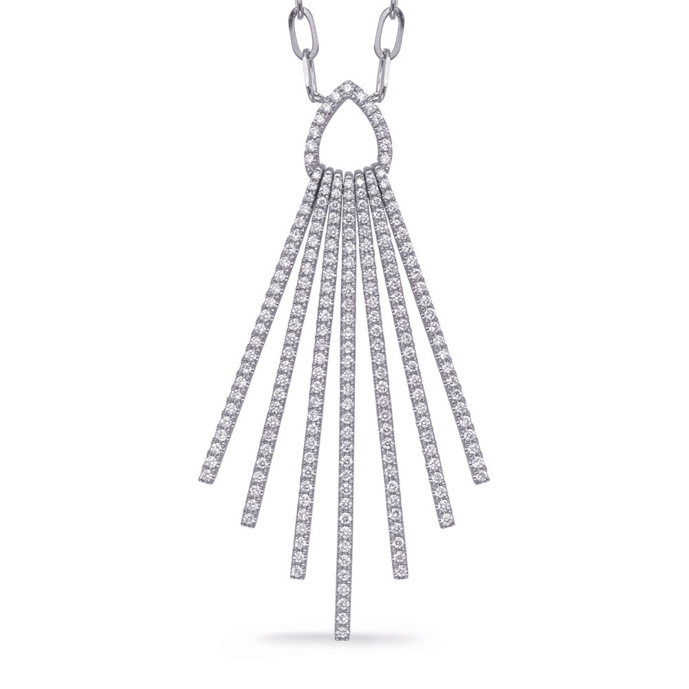 This Necklace is available in 14K White Gold. There are a total of 204 stones. There are Rounds with a total carat weight of 1.61 set in a Prong Set setting.