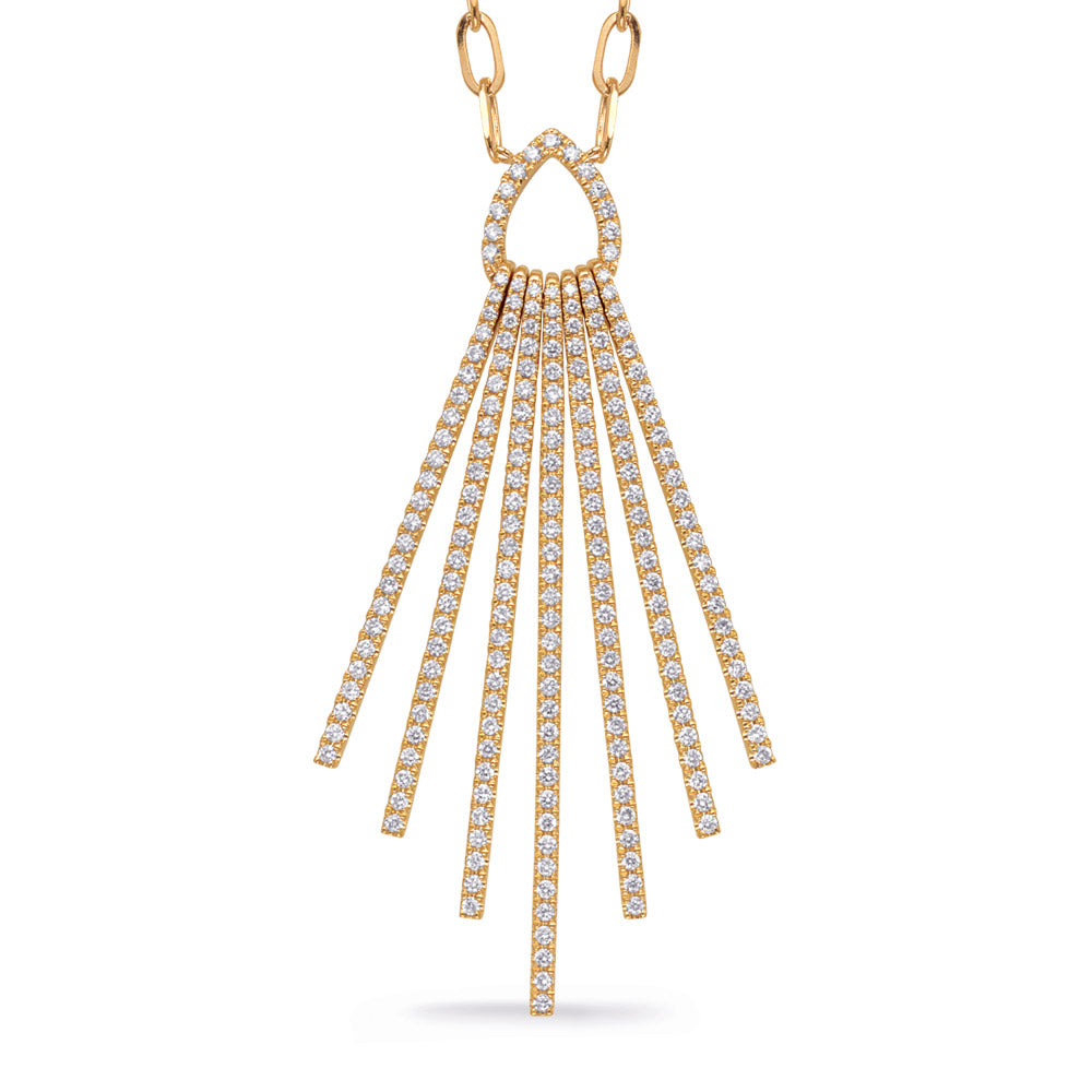 This Necklace is available in 14K Yellow Gold. There are a total of 204 stones. There are Rounds with a total carat weight of 1.61 set in a Prong Set setting.