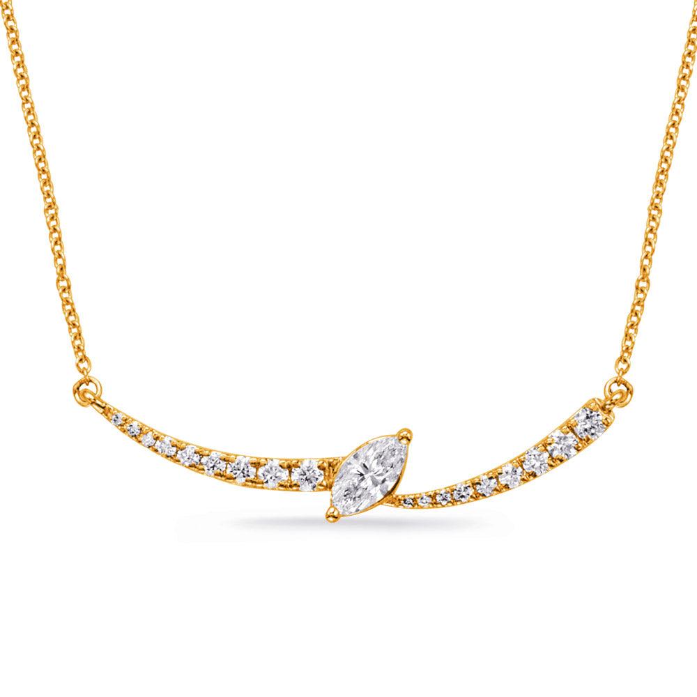 This Necklace is available in 14K Yellow Gold. There are a total of 19 stones. There are Marquise with a total carat weight of 0.27 set in a Prong Set setting.There are Rounds stones with a total carat weight of 0.26 set in a Prong Set.