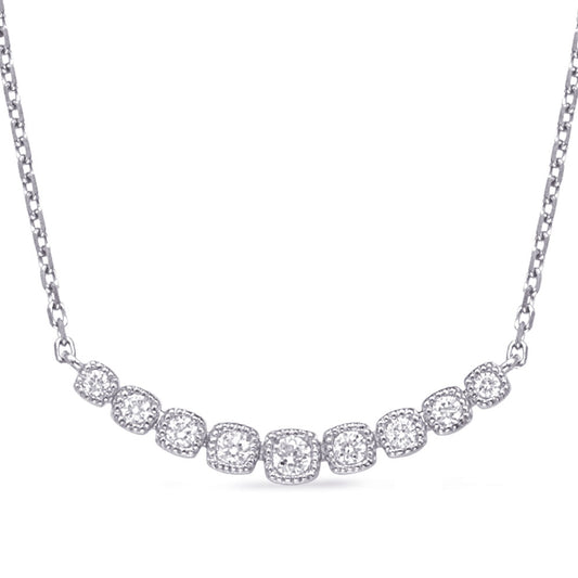 This Necklace is available in 14K White Gold. There are a total of 9 stones. There are Rounds with a total carat weight of 0.25 set in a Micro Prong setting.
