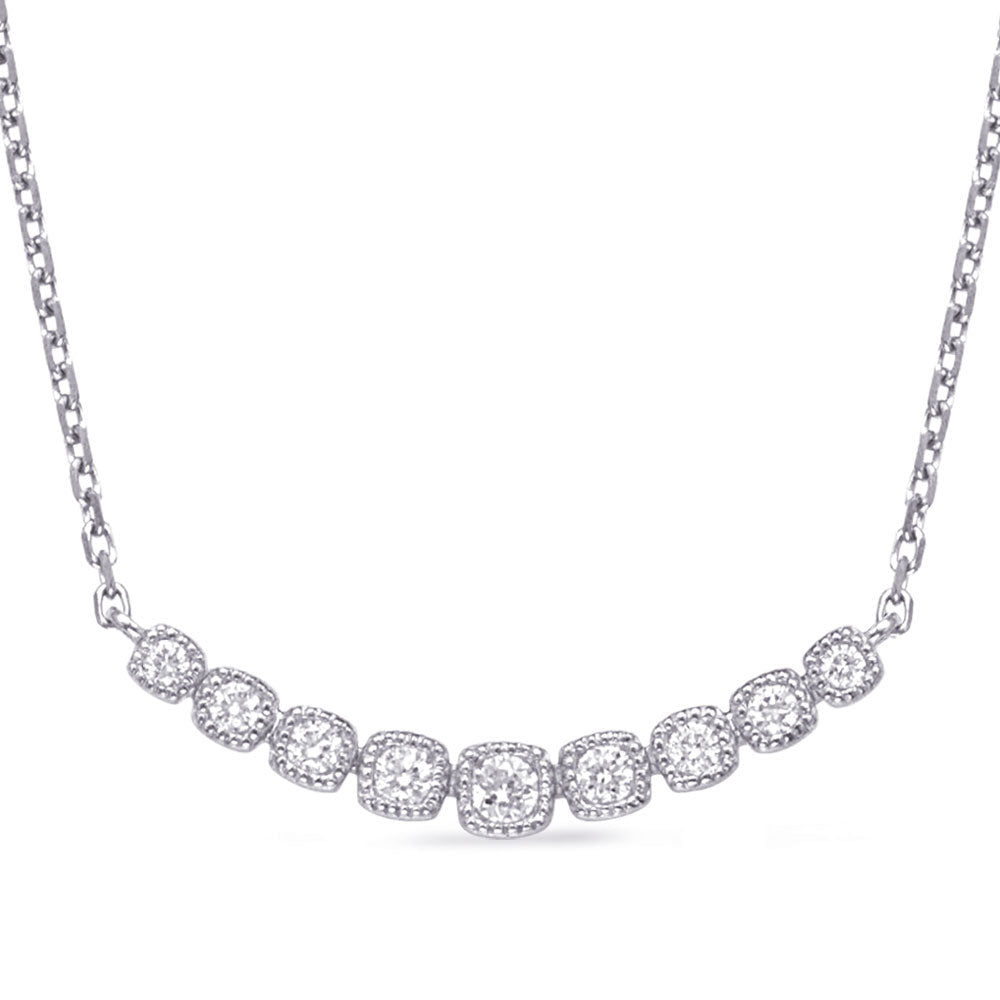 This Necklace is available in 14K White Gold. There are a total of 9 stones. There are Rounds with a total carat weight of 0.25 set in a Micro Prong setting.