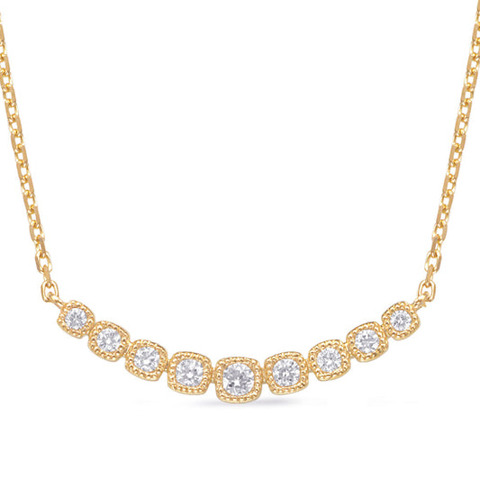This Necklace is available in 14K Yellow Gold. There are a total of 9 stones. There are Rounds with a total carat weight of 0.25 set in a Micro Prong setting.