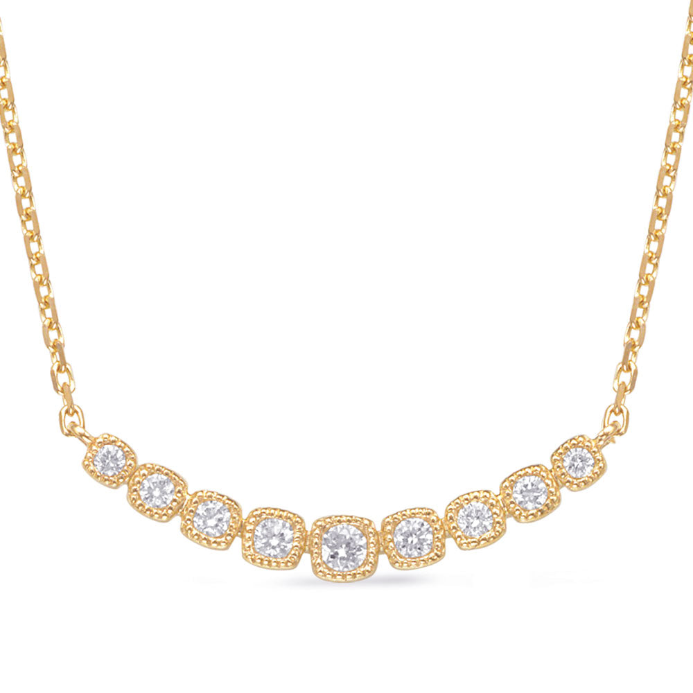 This Necklace is available in 14K Yellow Gold. There are a total of 9 stones. There are Rounds with a total carat weight of 0.25 set in a Micro Prong setting.