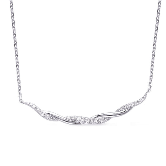 This Necklace is available in 14K White Gold. There are a total of 27 stones. There are Rounds with a total carat weight of 0.21 set in a Prong Set setting.