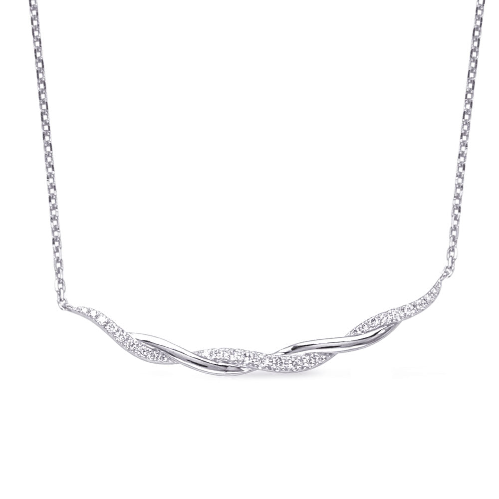 This Necklace is available in 14K White Gold. There are a total of 27 stones. There are Rounds with a total carat weight of 0.21 set in a Prong Set setting.
