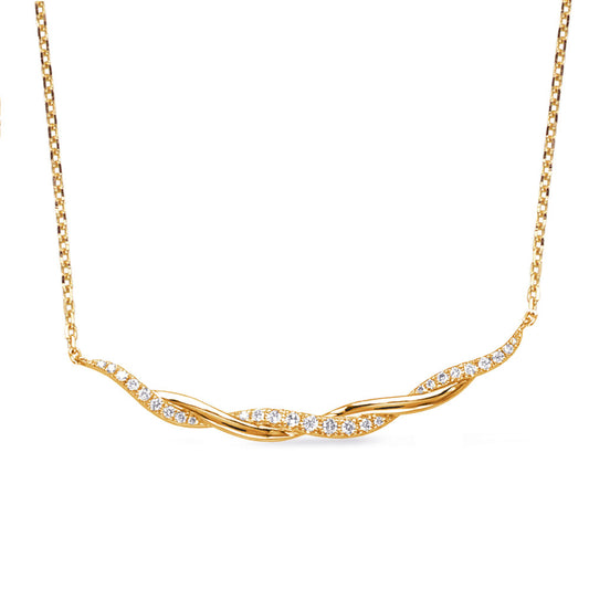 This Necklace is available in 14K Yellow Gold. There are a total of 27 stones. There are Rounds with a total carat weight of 0.21 set in a Prong Set setting.