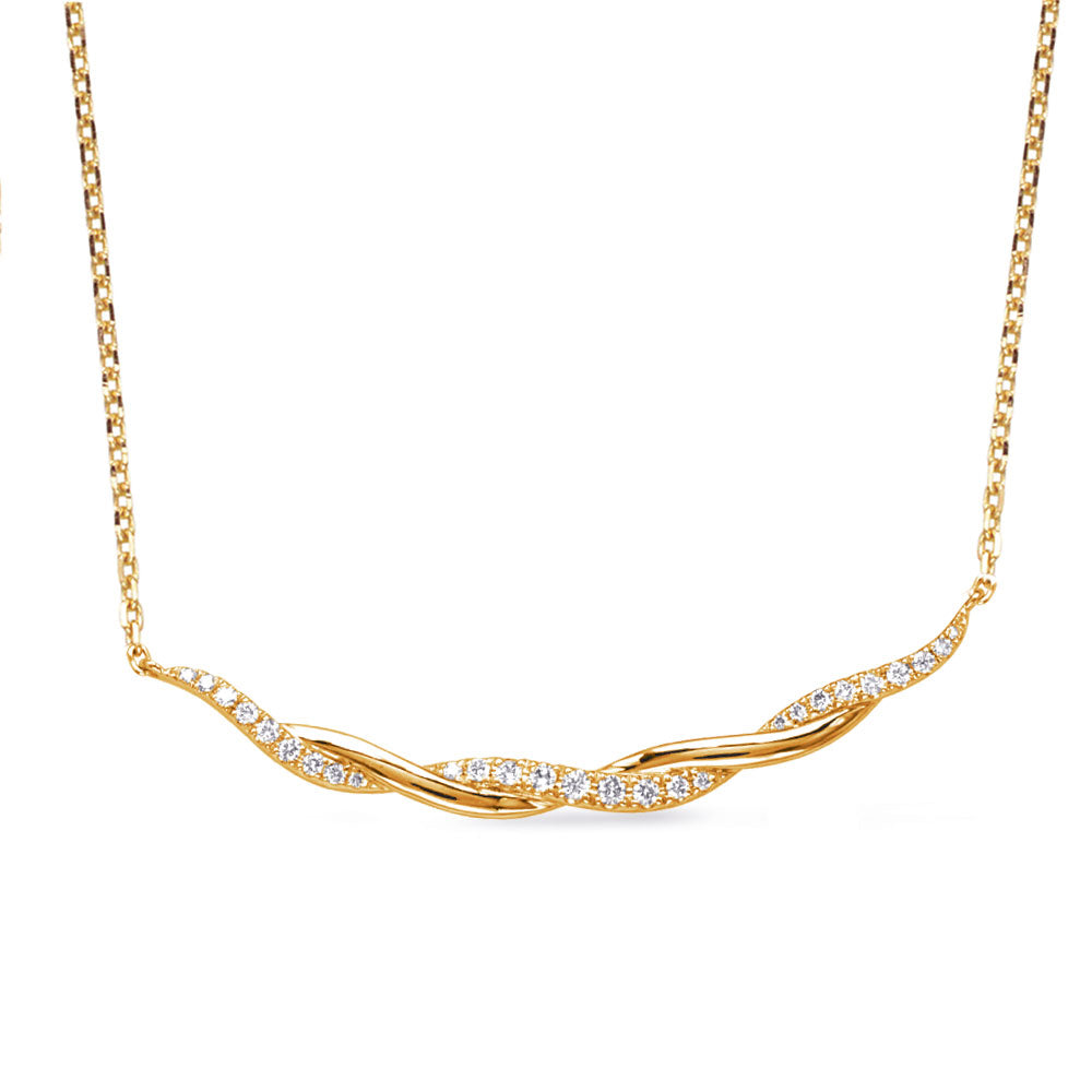 This Necklace is available in 14K Yellow Gold. There are a total of 27 stones. There are Rounds with a total carat weight of 0.21 set in a Prong Set setting.