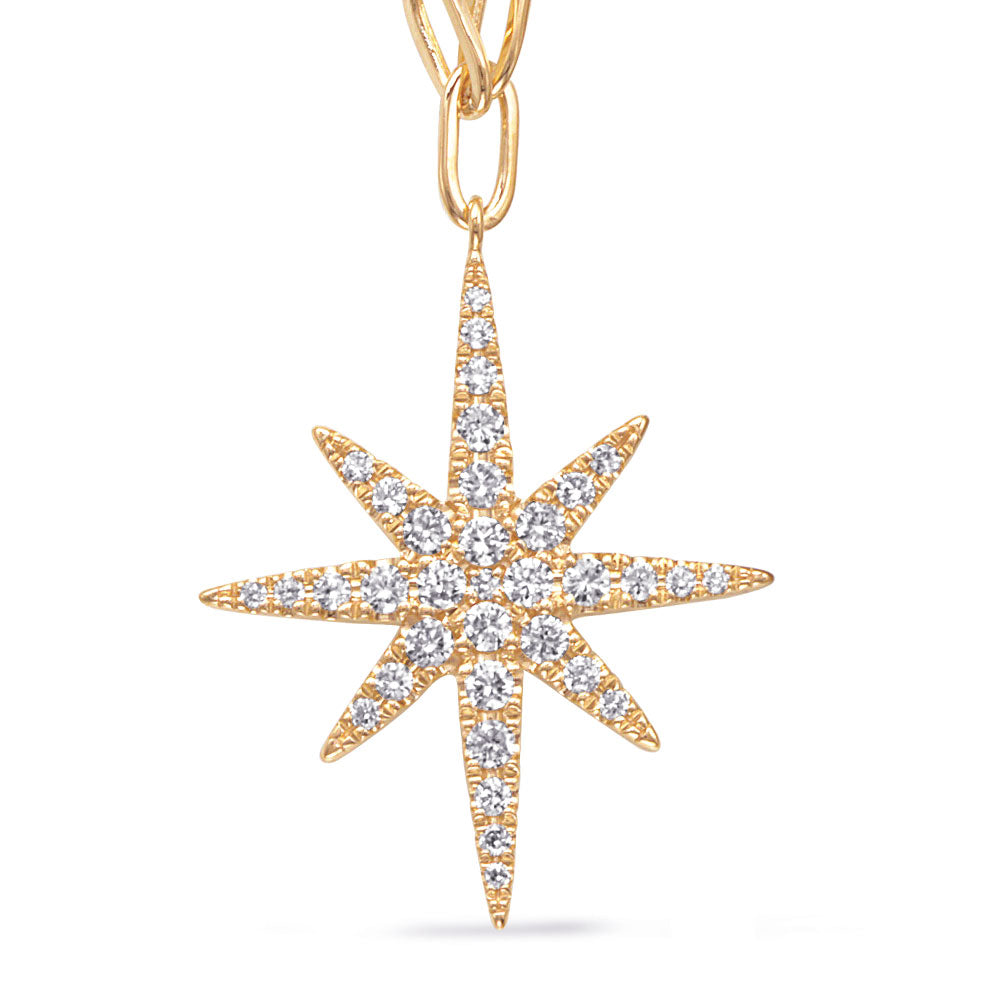 This Necklace is available in 14K Yellow Gold. There are a total of 35 stones. There are Rounds with a total carat weight of 0.45 set in a Prong Set setting.