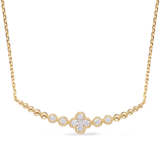 This Necklace is available in 14K Yellow Gold. There are a total of 9 stones. There are Rounds with a total carat weight of 0.3 set in a Bezel Set|Micro Prong setting.