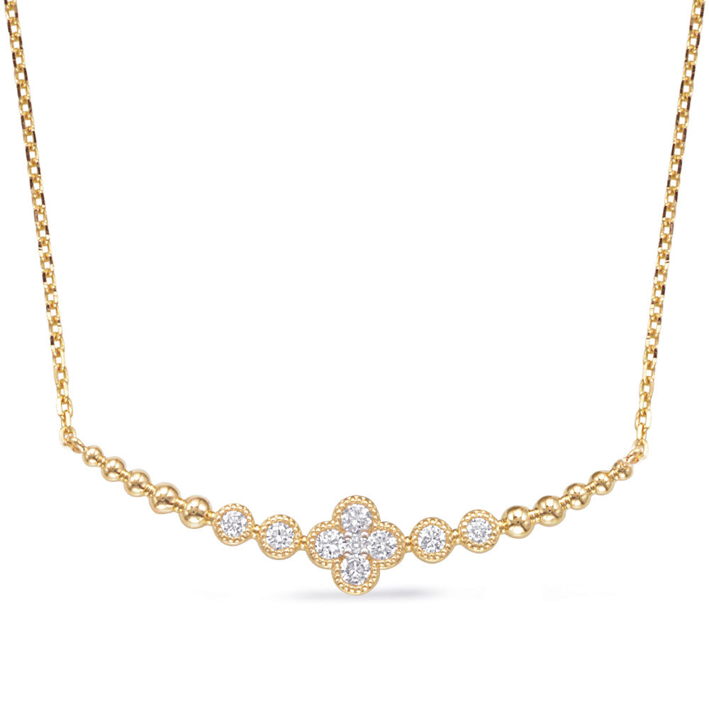 This Necklace is available in 14K Yellow Gold. There are a total of 9 stones. There are Rounds with a total carat weight of 0.3 set in a Bezel Set|Micro Prong setting.