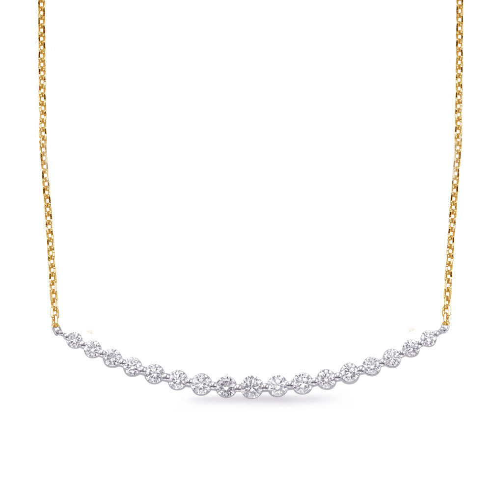 This Necklace is available in 14K Yellow & White Gold. There are a total of 17 stones. There are Rounds with a total carat weight of 1.43 set in a Shared Prongs setting.