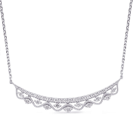 This Necklace is available in 14K White Gold. There are a total of 37 stones. There are Rounds with a total carat weight of 0.37 set in a Micro Prong|Prong Set setting.
