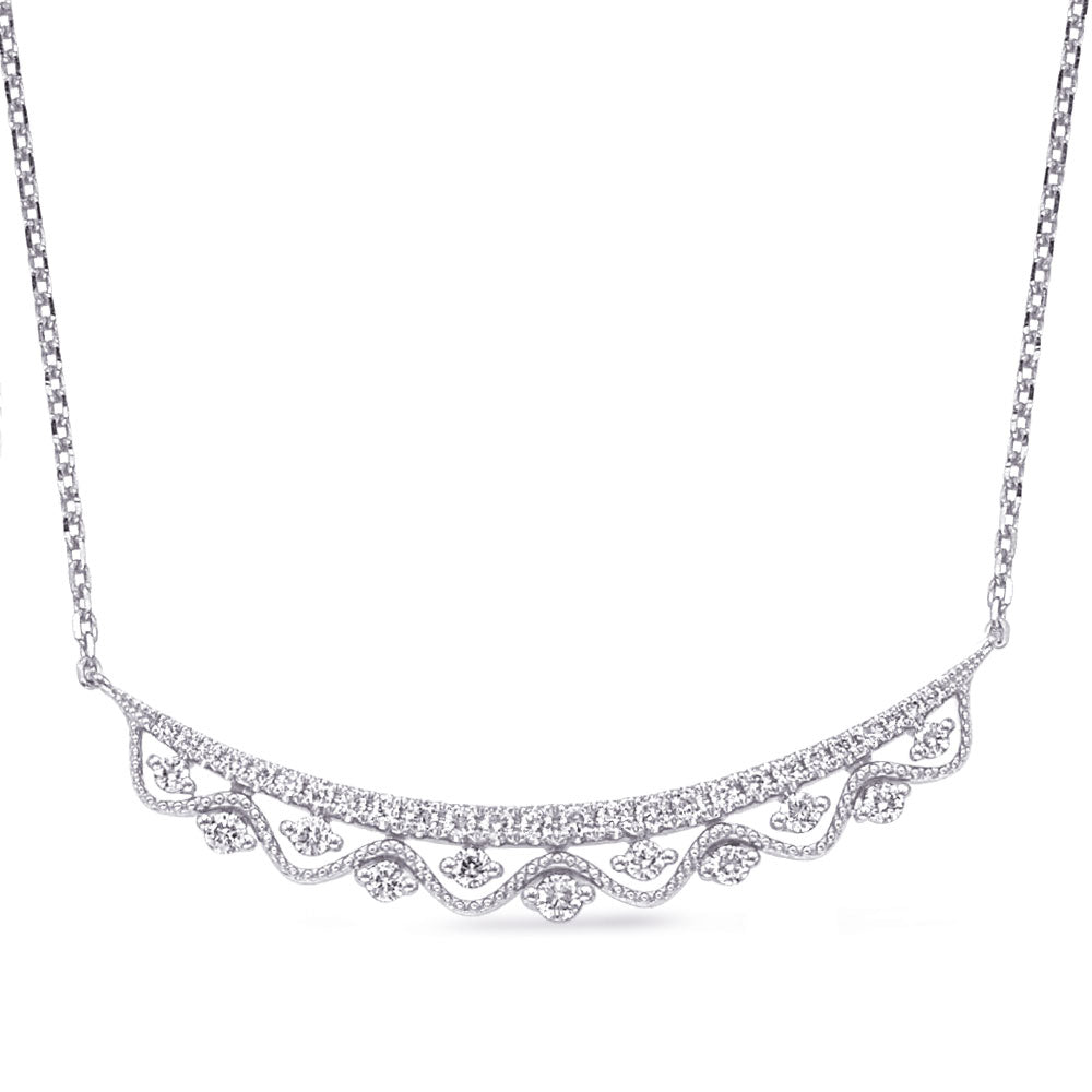 This Necklace is available in 14K White Gold. There are a total of 37 stones. There are Rounds with a total carat weight of 0.37 set in a Micro Prong|Prong Set setting.