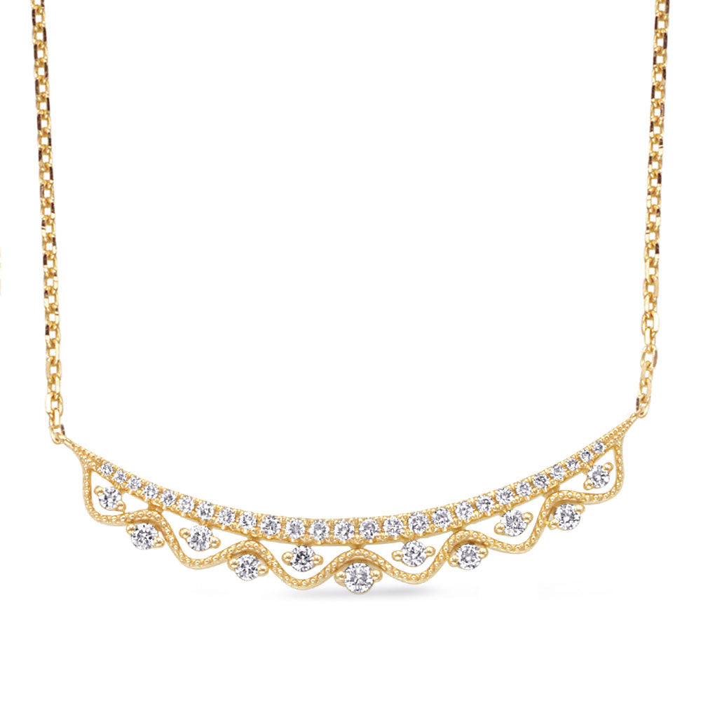 This Necklace is available in 14K Yellow Gold. There are a total of 37 stones. There are Rounds with a total carat weight of 0.37 set in a Micro Prong|Prong Set setting.