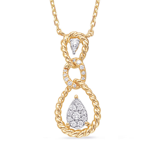 This Necklace is available in 14K Yellow & White Gold. There are a total of 22 stones. There are Rounds with a total carat weight of 0.16 set in a Micro Prong|Prong Set setting.