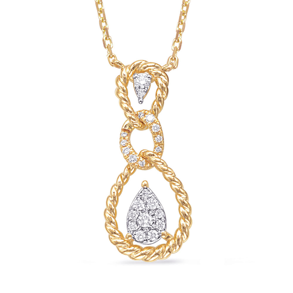 This Necklace is available in 14K Yellow & White Gold. There are a total of 22 stones. There are Rounds with a total carat weight of 0.16 set in a Micro Prong|Prong Set setting.
