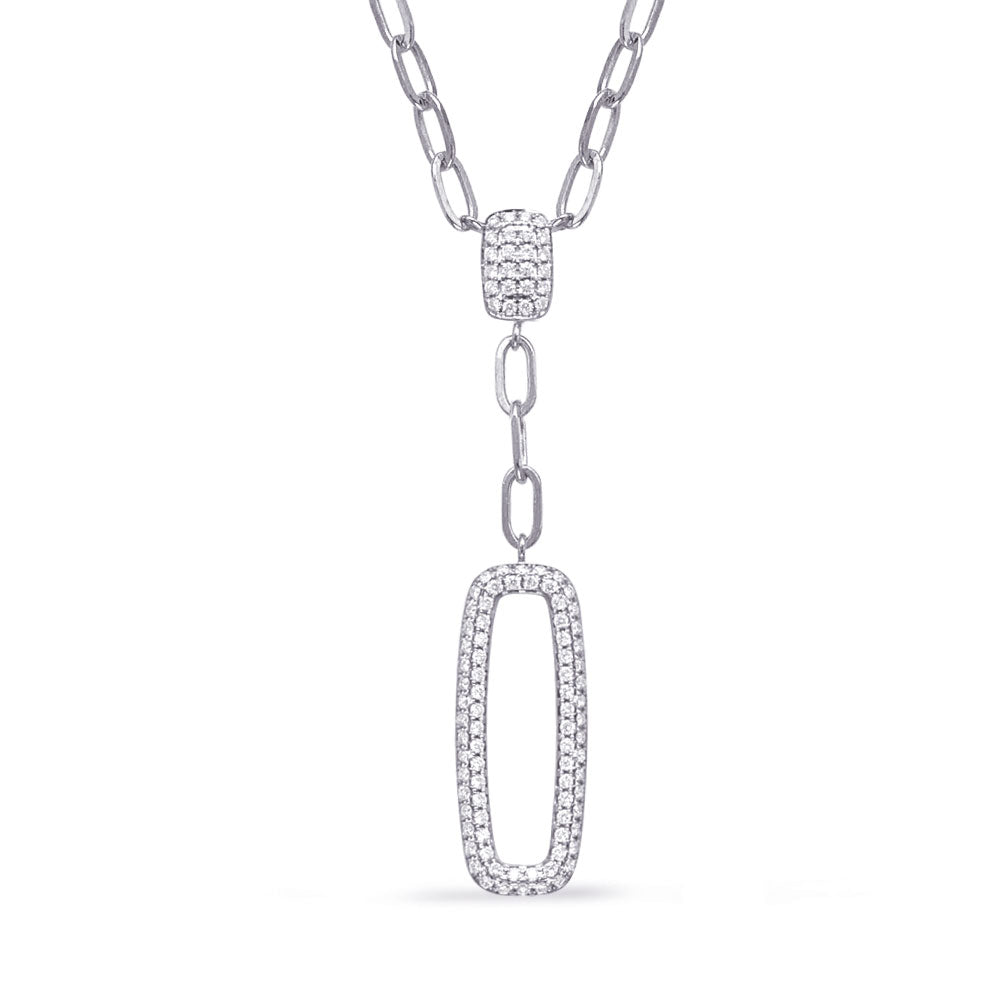 This Necklace is available in 14K White Gold. There are a total of 104 stones. There are Rounds with a total carat weight of 0.53 set in a Micro Pave setting.