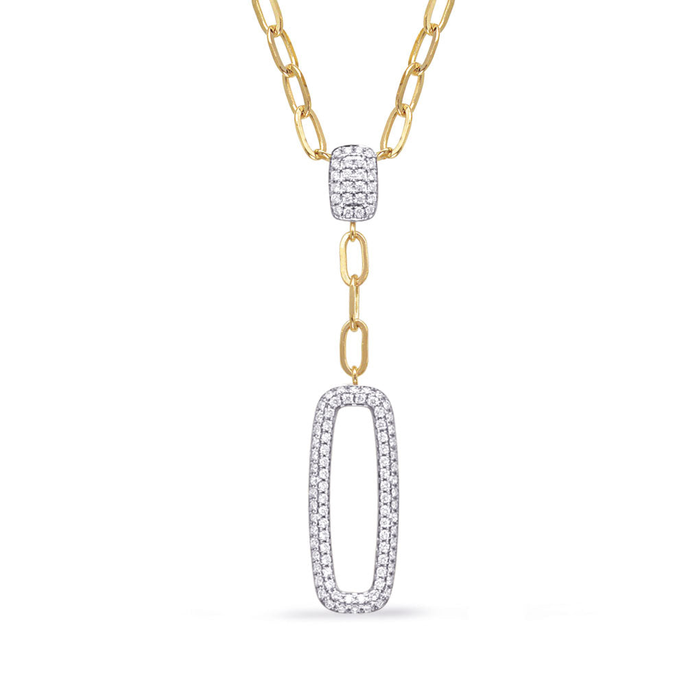 This Necklace is available in 14K Yellow & White Gold. There are a total of 104 stones. There are Rounds with a total carat weight of 0.53 set in a Micro Pave setting.