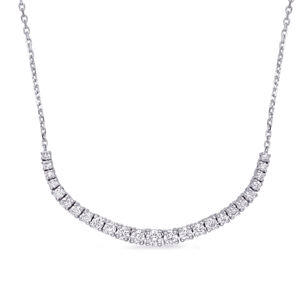 This Necklace is available in 14K White Gold. There are a total of 19 stones. There are Rounds with a total carat weight of 2.04 set in a Prong Set setting.