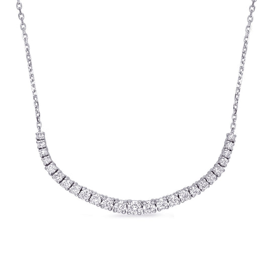This Necklace is available in 14K White Gold. There are a total of 19 stones. There are Rounds with a total carat weight of 2.04 set in a Prong Set setting.