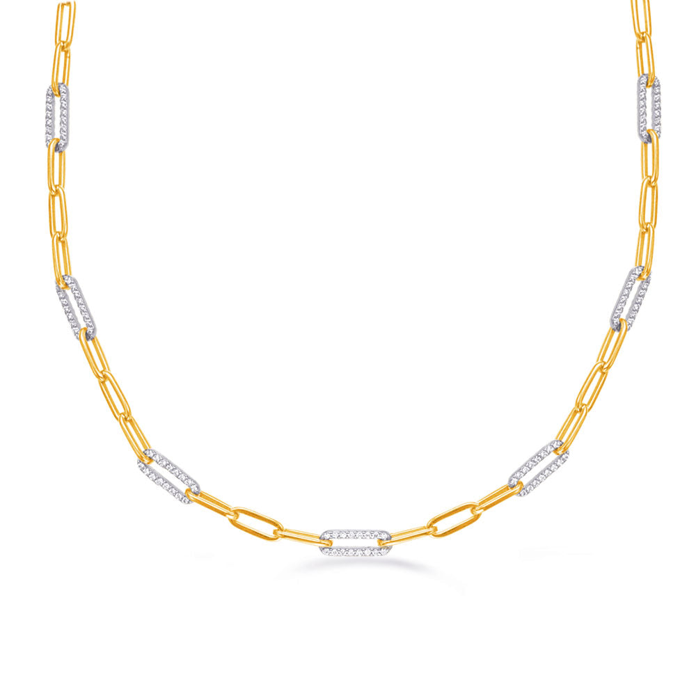 This Necklace is available in 14K Yellow & White Gold. There are a total of 288 stones. There are Rounds with a total carat weight of 2.45 set in a Prong Set setting.