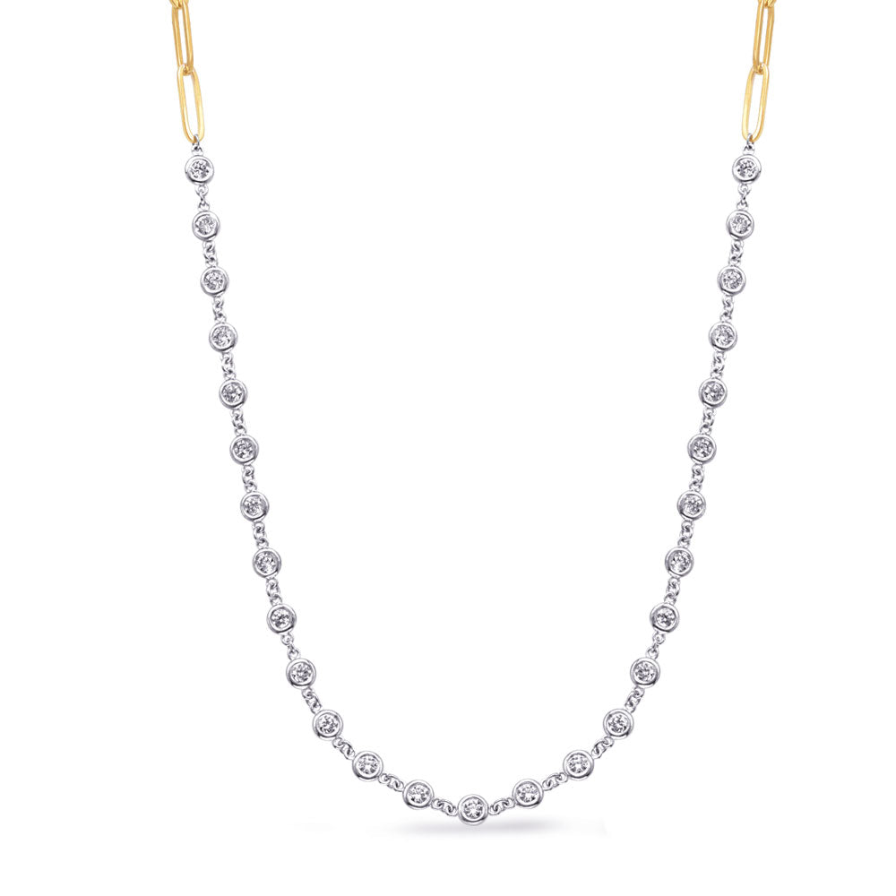 This Necklace is available in 14K Yellow & White Gold. There are a total of 27 stones. There are Rounds with a total carat weight of 0.8 set in a Bezel Set setting.