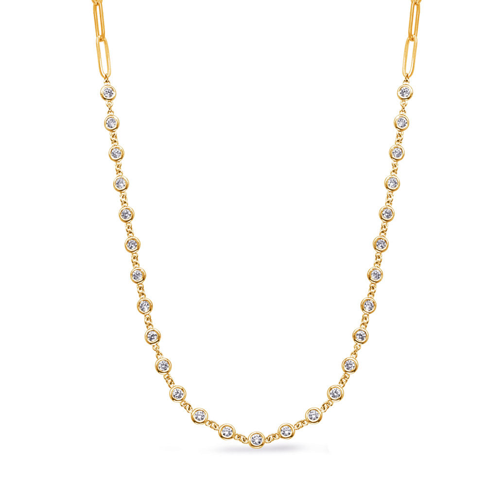 This Necklace is available in 14K Yellow Gold. There are a total of 27 stones. There are Rounds with a total carat weight of 1.33 set in a Bezel Set setting.