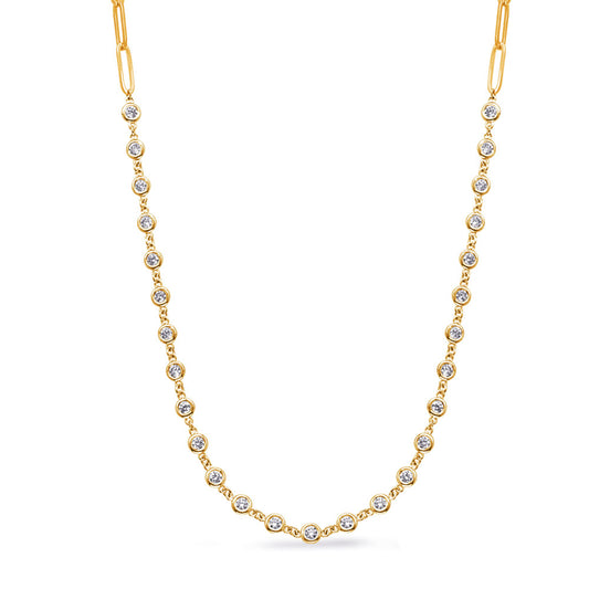 This Necklace is available in 14K Yellow Gold. There are a total of 27 stones. There are Rounds with a total carat weight of 1.33 set in a Bezel Set setting.
