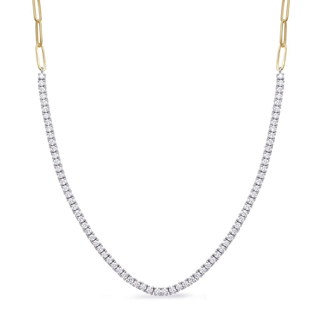 This Necklace is available in 14K Yellow & White Gold. There are a total of 76 stones. There are Rounds with a total carat weight of 2.55 set in a  setting.