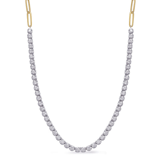 This Necklace is available in 14K Yellow & White Gold. There are a total of 57 stones. There are Rounds with a total carat weight of 1.91 set in a Micro Prong setting.