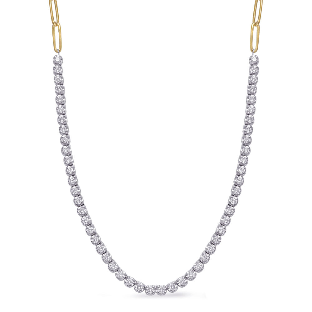 This Necklace is available in 14K Yellow & White Gold. There are a total of 51 stones. There are Rounds with a total carat weight of 2.5 set in a Prong Set setting.