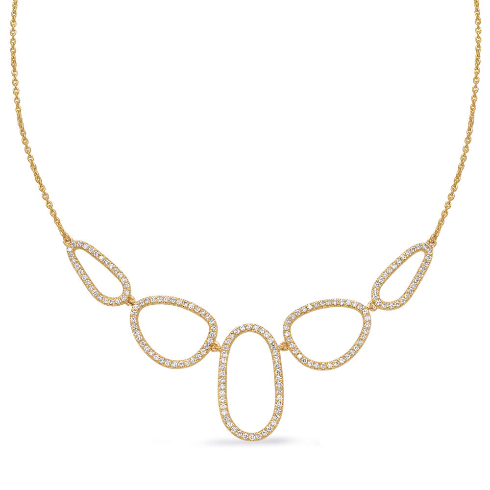 This Necklace is available in 14K Yellow Gold. There are a total of 166 stones. There are Rounds with a total carat weight of 0.83 set in a Prong Set setting.