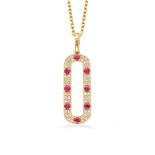 This Necklace is available in 14K Yellow Gold. There are a total of 60 stones. There are Rounds with a total carat weight of 0.19 set in a Bezel Set|Micro Prong setting.There are Ruby stones with a total carat weight of 0.29 set in a Bezel Set|Micro Prong.