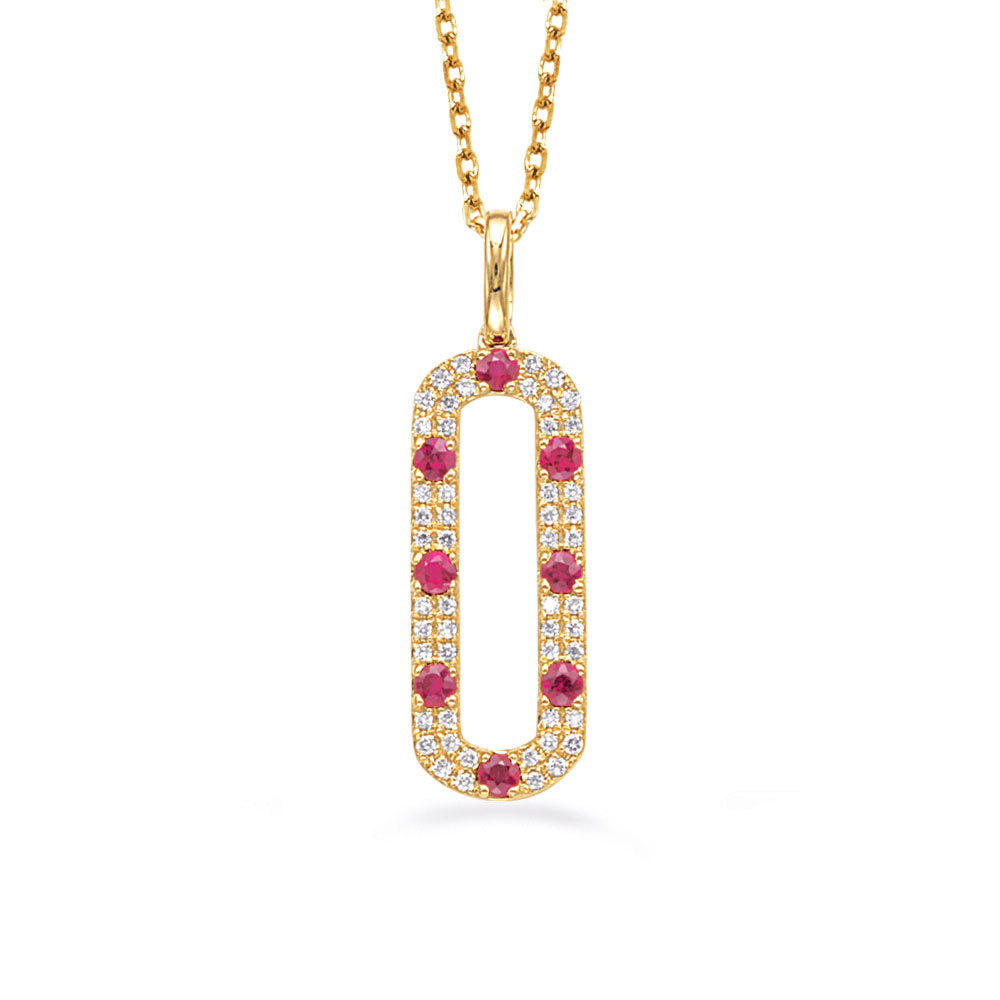 This Necklace is available in 14K Yellow Gold. There are a total of 60 stones. There are Rounds with a total carat weight of 0.19 set in a Bezel Set|Micro Prong setting.There are Ruby stones with a total carat weight of 0.29 set in a Bezel Set|Micro Prong.