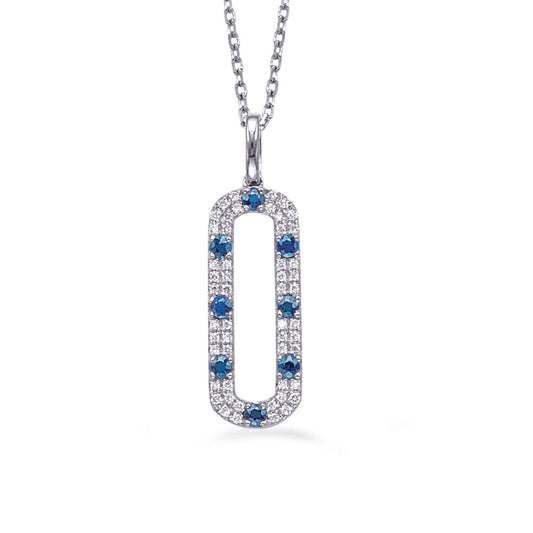This Necklace is available in 14K White Gold. There are a total of 60 stones. There are Rounds with a total carat weight of 0.19 set in a Bezel Set|Micro Prong setting.There are Sapphire stones with a total carat weight of 0.3 set in a Bezel Set|Micro Prong.