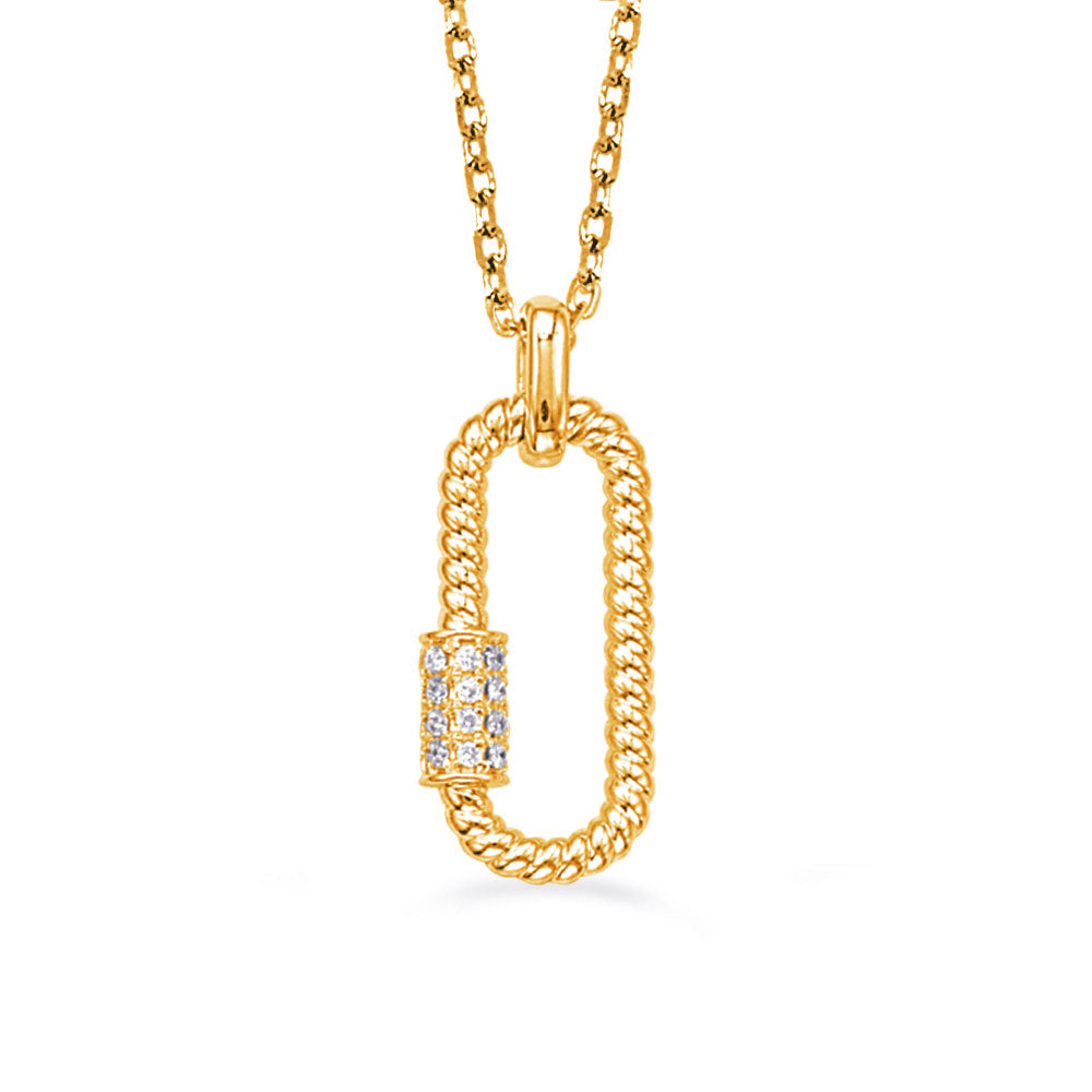 This Necklace is available in 14K Yellow Gold. There are a total of 20 stones. There are Rounds with a total carat weight of 0.08 set in a Micro Pave setting.