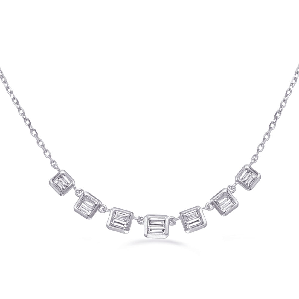 This Necklace is available in 14K White Gold. There are a total of 14 stones. There are Baguette with a total carat weight of 0.42 set in a Channel Set setting.
