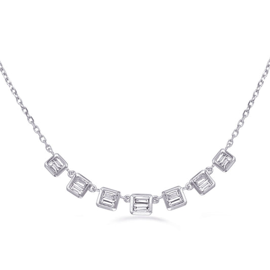 This Necklace is available in 14K White Gold. There are a total of 14 stones. There are Baguette with a total carat weight of 0.42 set in a Channel Set setting.