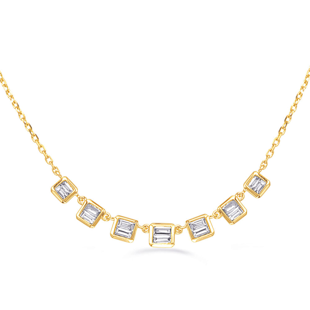 This Necklace is available in 14K Yellow Gold. There are a total of 14 stones. There are Baguette with a total carat weight of 0.42 set in a Channel Set setting.