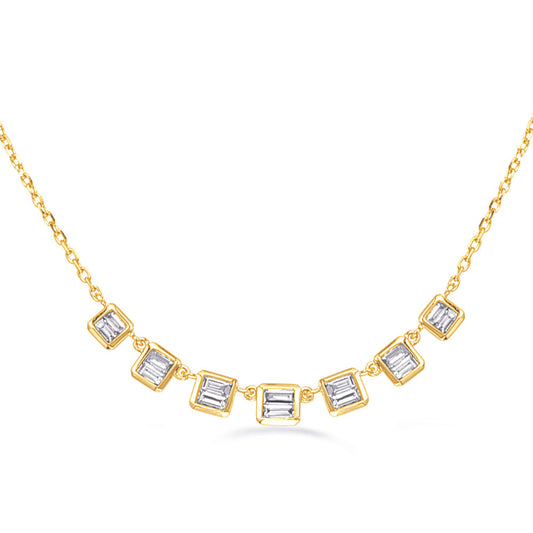 This Necklace is available in 14K Yellow Gold. There are a total of 14 stones. There are Baguette with a total carat weight of 0.42 set in a Channel Set setting.