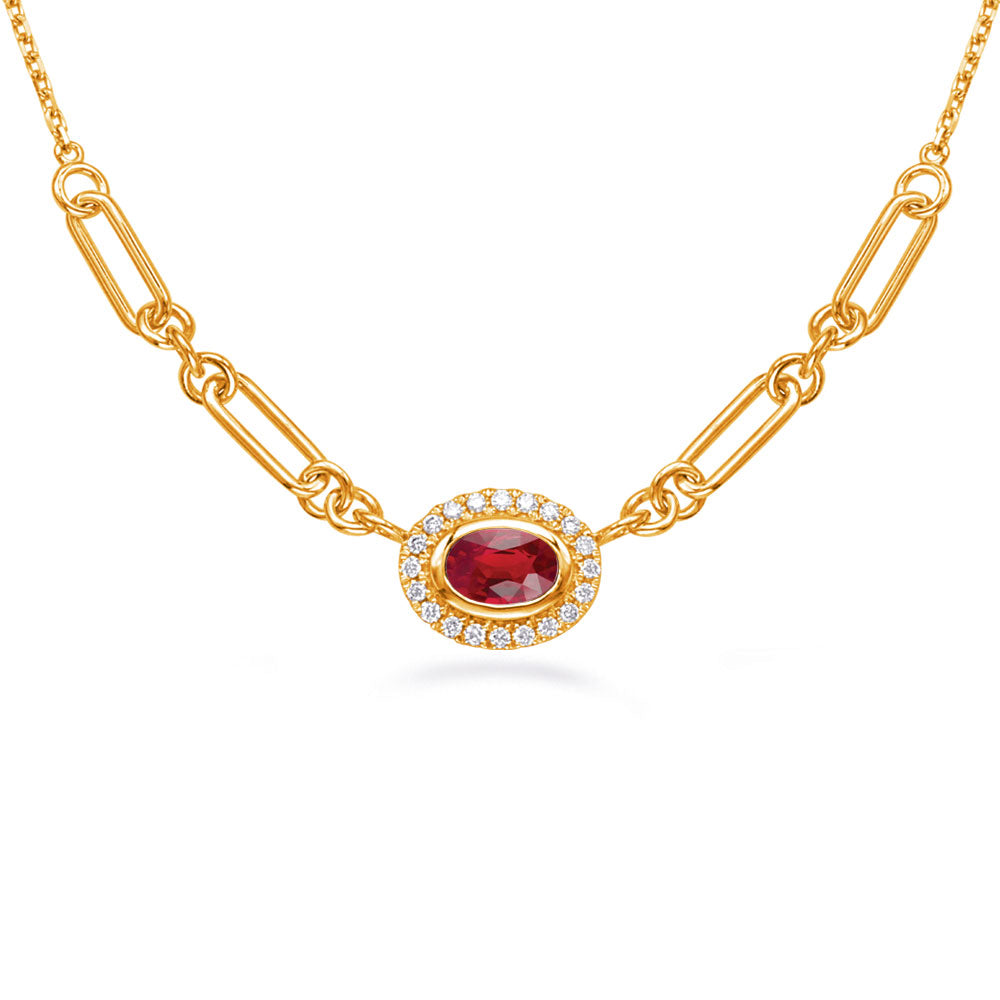 This Necklace is available in 14K Yellow Gold. There are a total of 21 stones. There are Rounds with a total carat weight of 0.13 set in a Channel Set|Micro Prong setting.There are Ruby stones with a total carat weight of 0.74 set in a Channel Set|Micro Prong.
