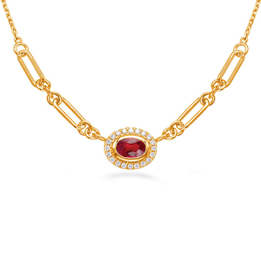 This Necklace is available in 14K Yellow Gold. There are a total of 21 stones. There are Rounds with a total carat weight of 0.13 set in a Channel Set|Micro Prong setting.There are Ruby stones with a total carat weight of 0.74 set in a Channel Set|Micro Prong.