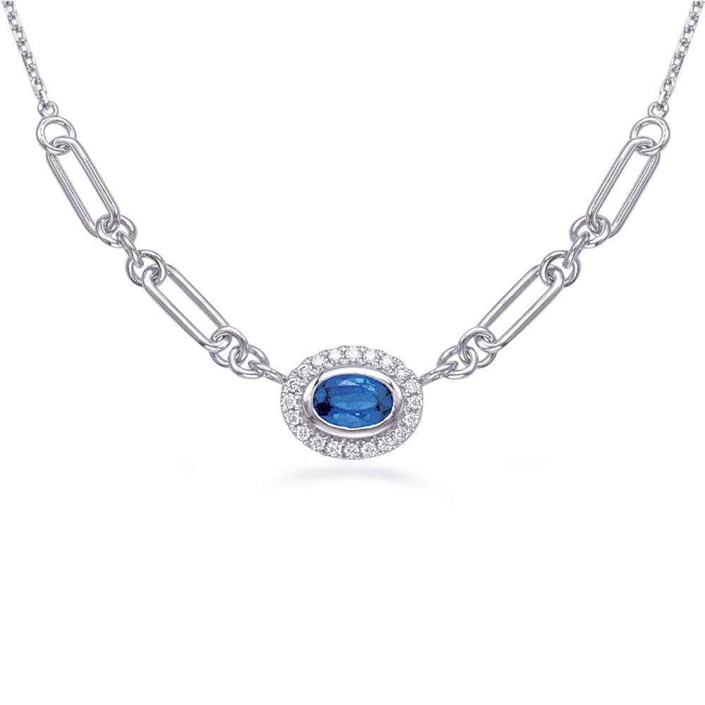 This Necklace is available in 14K White Gold. There are a total of 21 stones. There are Rounds with a total carat weight of 0.13 set in a Channel Set|Micro Prong setting.There are Sapphire stones with a total carat weight of 0.73 set in a Channel Set|Micro Prong.