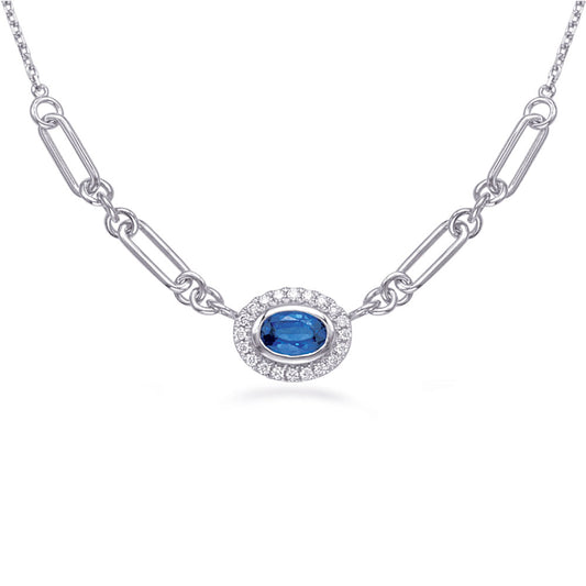 This Necklace is available in 14K White Gold. There are a total of 21 stones. There are Rounds with a total carat weight of 0.13 set in a Channel Set|Micro Prong setting.There are Sapphire stones with a total carat weight of 0.73 set in a Channel Set|Micro Prong.