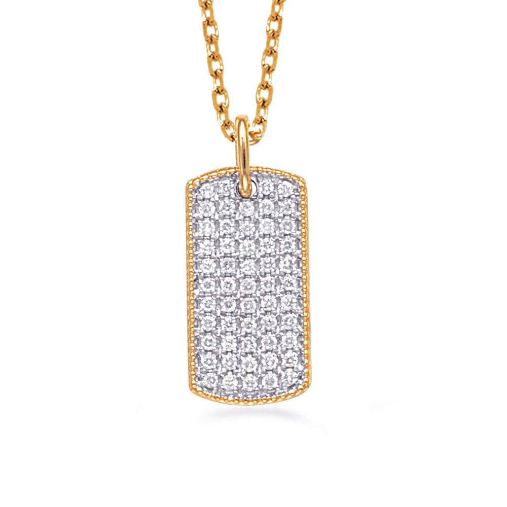This Necklace is available in 14K Yellow Gold. There are a total of 54 stones. There are Rounds with a total carat weight of 0.2 set in a Micro Pave setting.
