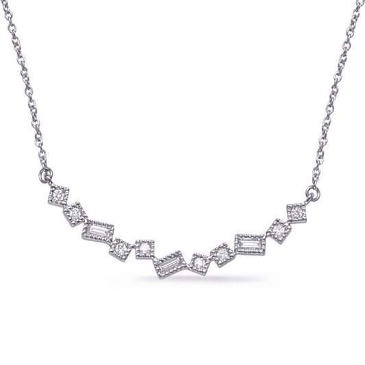 This Necklace is available in 14K White Gold. There are a total of 11 stones. There are Baguette with a total carat weight of 0.1 set in a Prong Set setting.There are Rounds stones with a total carat weight of 0.07 set in a Prong Set.