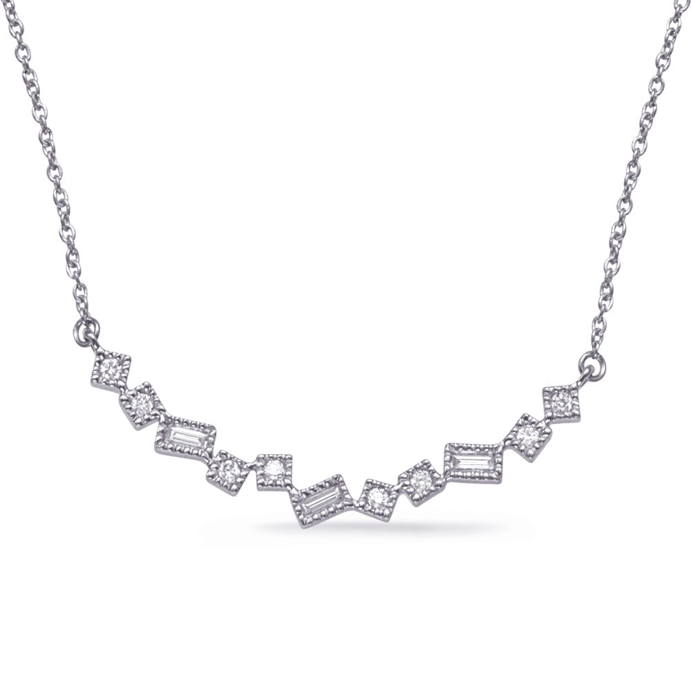 This Necklace is available in 14K White Gold. There are a total of 11 stones. There are Baguette with a total carat weight of 0.1 set in a Prong Set setting.There are Rounds stones with a total carat weight of 0.07 set in a Prong Set.
