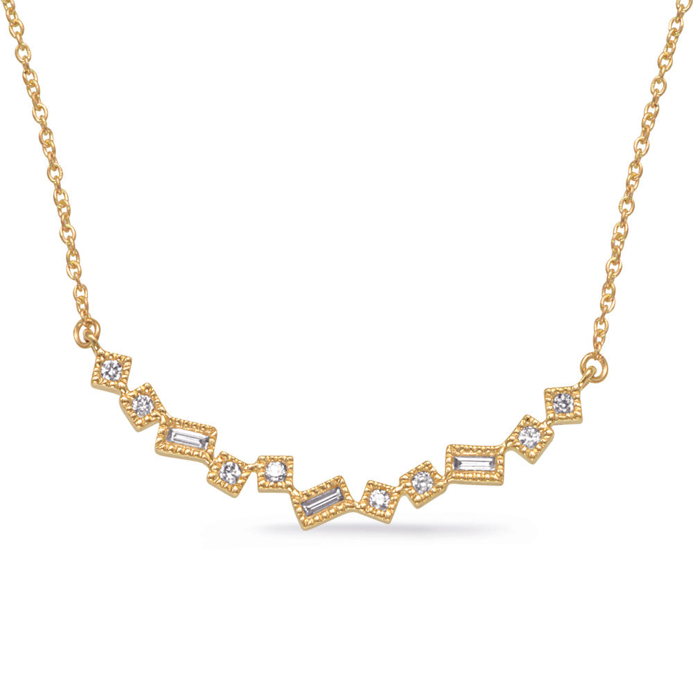 This Necklace is available in 14K Yellow Gold. There are a total of 11 stones. There are Baguette with a total carat weight of 0.1 set in a Prong Set setting.There are Rounds stones with a total carat weight of 0.07 set in a Prong Set.