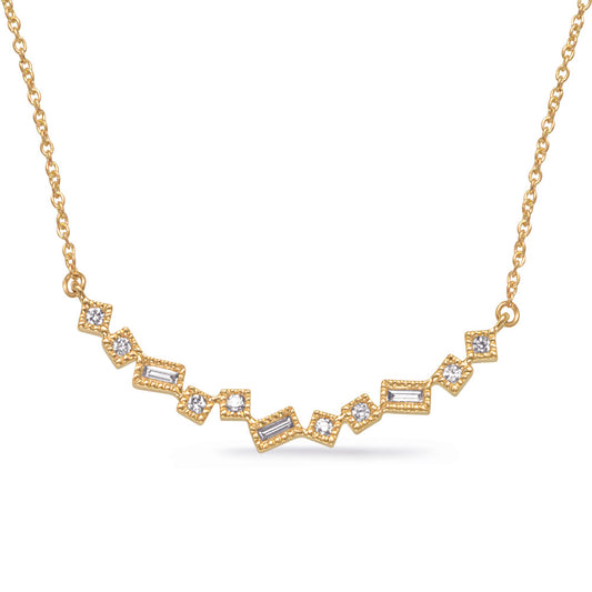 This Necklace is available in 14K Yellow Gold. There are a total of 11 stones. There are Baguette with a total carat weight of 0.1 set in a Prong Set setting.There are Rounds stones with a total carat weight of 0.07 set in a Prong Set.