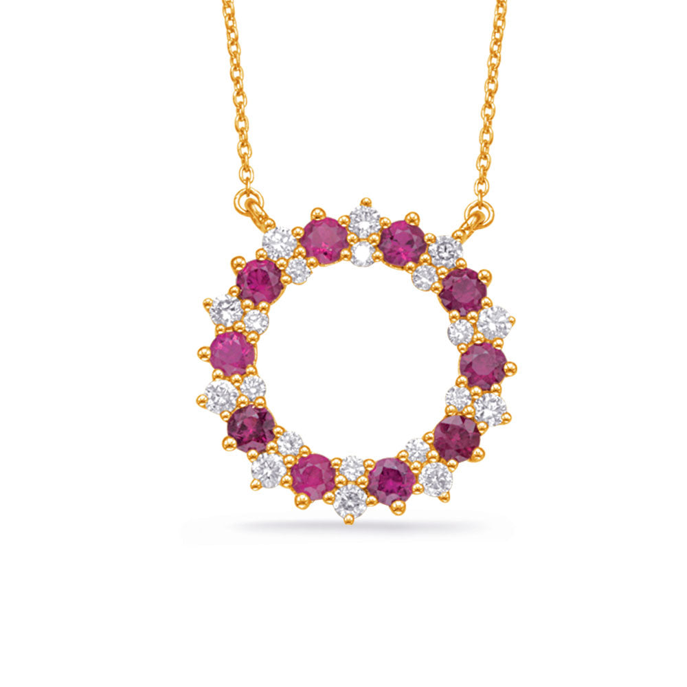This Necklace is available in 14K Yellow Gold. There are a total of 30 stones. There are Rounds with a total carat weight of 0.49 set in a Prong Set setting.There are Ruby stones with a total carat weight of 1.24 set in a Prong Set.